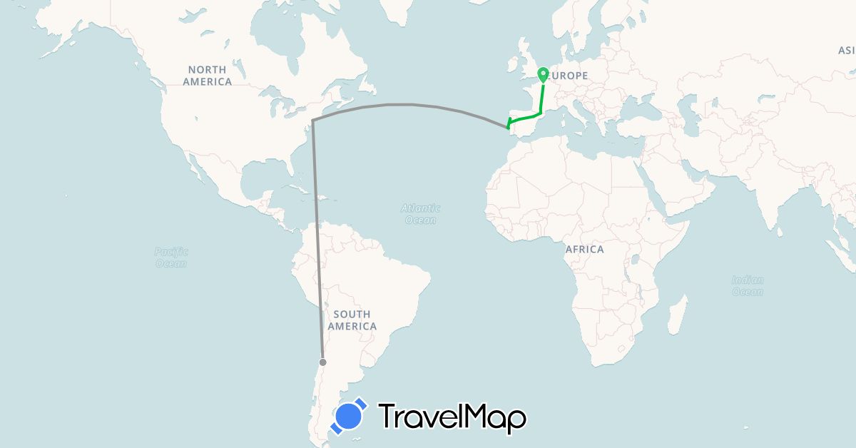 TravelMap itinerary: driving, bus, plane in Andorra, Chile, Spain, France, Portugal, United States (Europe, North America, South America)